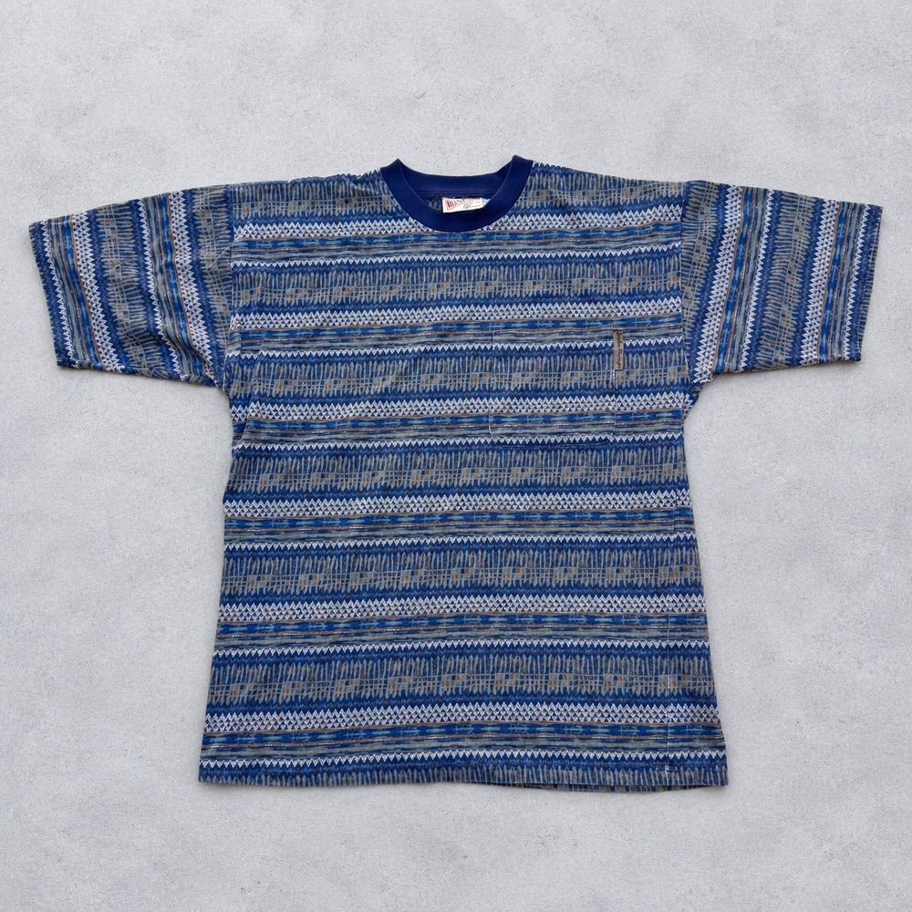 Vintage 90s Ocean Pacific Blue Geometric Surf Tribal Print T Shirt Large USA